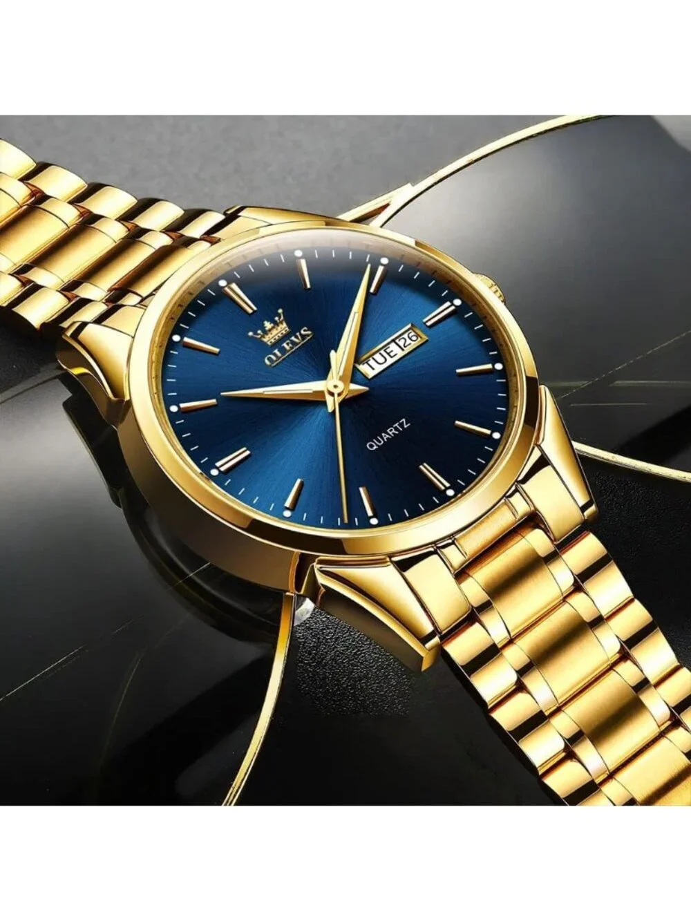 Men's Gold Blue Stainless Steel Analog Quartz Classic Waterproof Round Watch